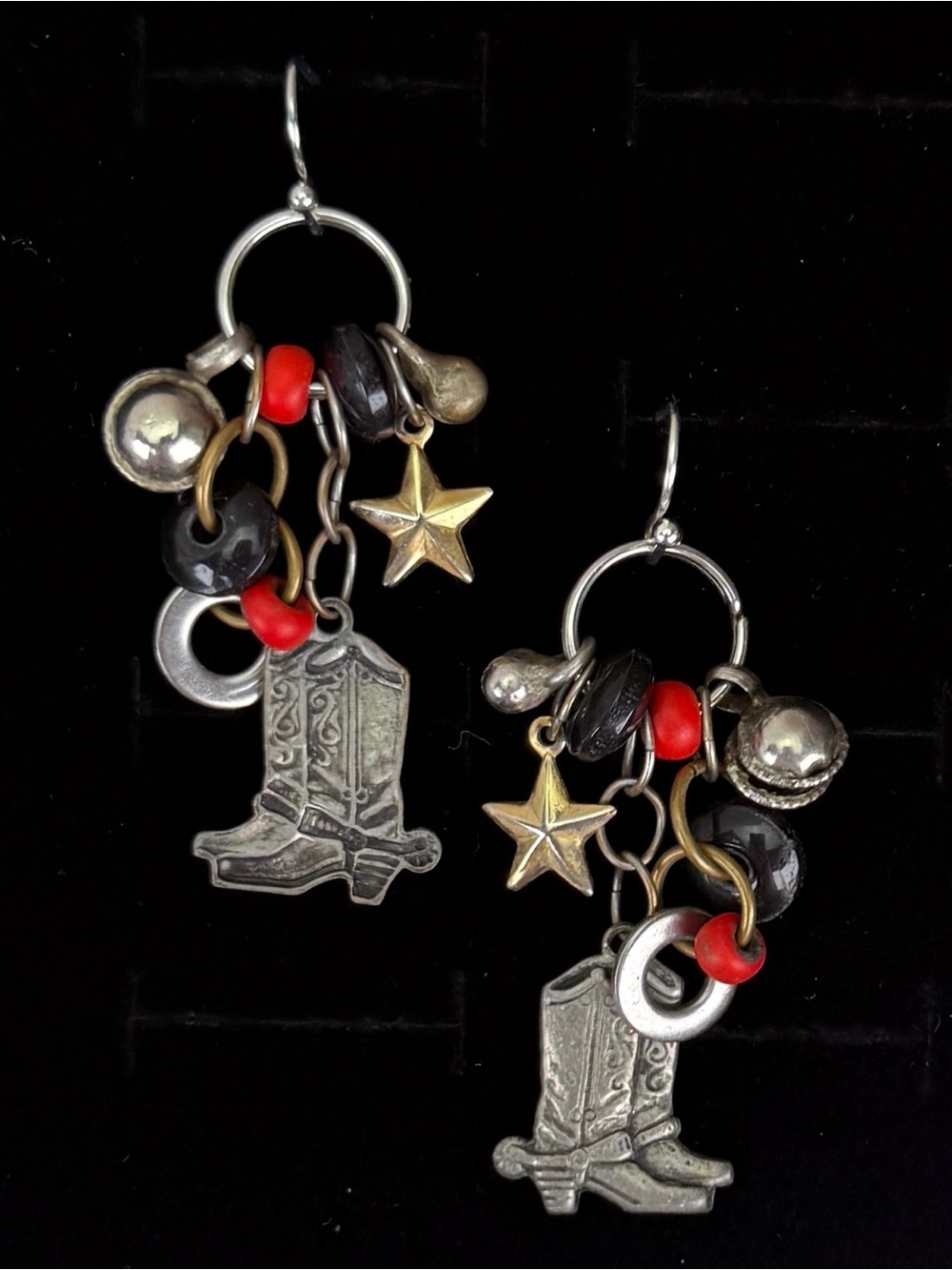 Western cowboy boot charm Dangle Earrings silvertone red black